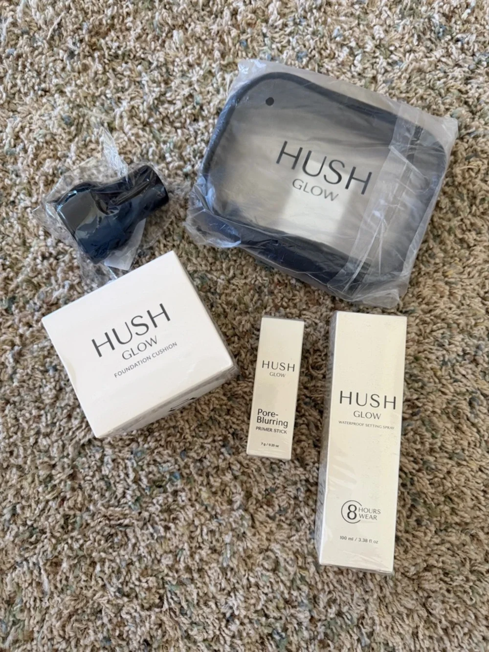 Hush Glow Makeup Lot Warm Foundation Cushion, 7g Primer Stick, Setting Spray